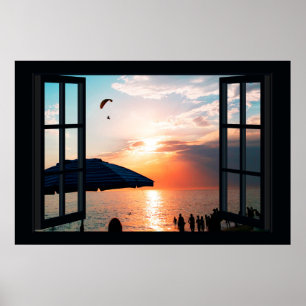 Póster Faux Window con Beach Sunset Ocean