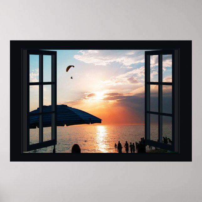 Póster Faux Window con Beach Sunset Ocean (Frente)