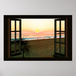 Póster Faux Window con Beach Sunset Ocean