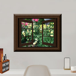 Póster Faux Window View Peaceful Rose Garden Relaxing
