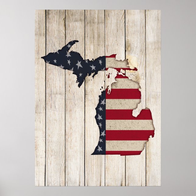 Póster Faux Wood | Americana Grunge Michigan | Patriótico (Frente)