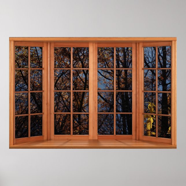 Póster Faux Wooden Bay Window Illusion - Autumn Trees (Frente)