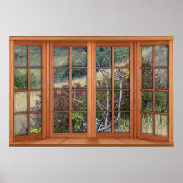 Póster Faux Wooden Bay Window Illusion - Paisaje Grassy