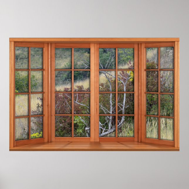 Póster Faux Wooden Bay Window Illusion - Paisaje Grassy (Frente)