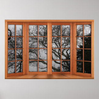 Póster Faux Wooden Bay Window Illusion - Winter View