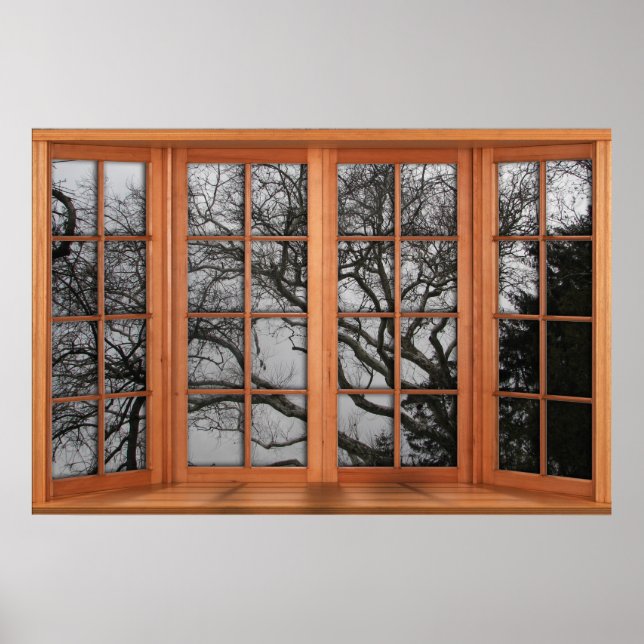 Póster Faux Wooden Bay Window Illusion - Winter View (Frente)