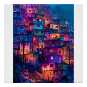 Póster Favela Nocturna de Morado Neón, Paisaje Urbano en