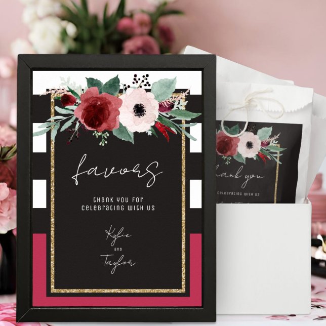 Póster Favor de boda Magenta Floral Negro Blanco Raya (Subido por el creador)