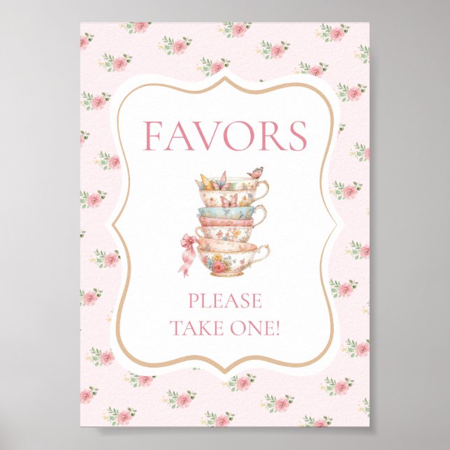 Póster Favor de ducha Fiesta de té rosado (Frente)