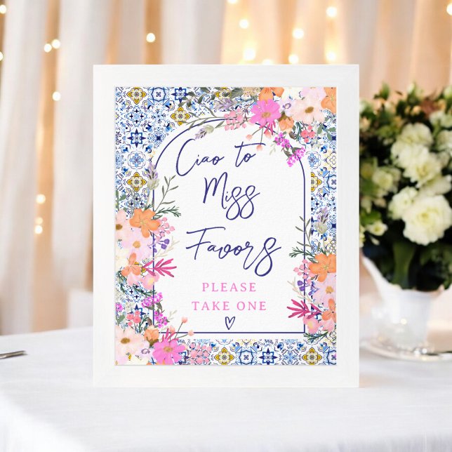 Póster Favor De La Ducha Marítima Floral De Nieve (Mediterranean Tile Floral Bridal Shower Favors Poster)