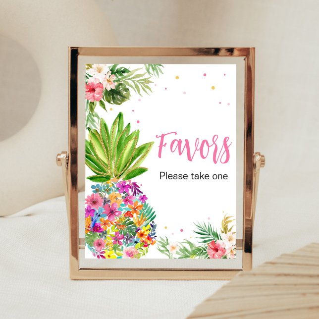 Póster Favor de la piña tropical floral (Aloha Pineapple Baby Shower Favors Sign)
