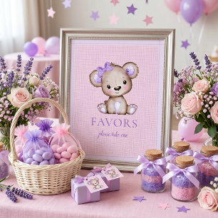 Póster Favor Signoso Osita Niña Cumpleaños Morado