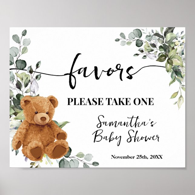 Póster Favorece la vegetación del oso Rótulo Baby Shower  (Frente)