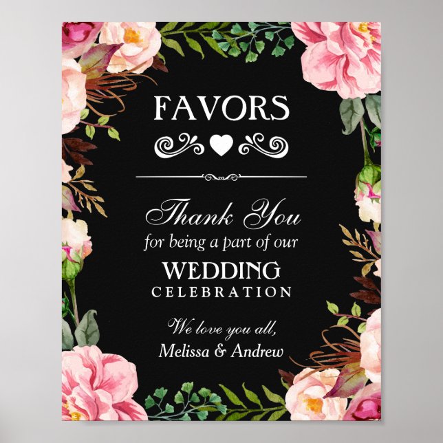 Póster Favores De Boda Gracias Rótulo | Wreath floral ros (Frente)