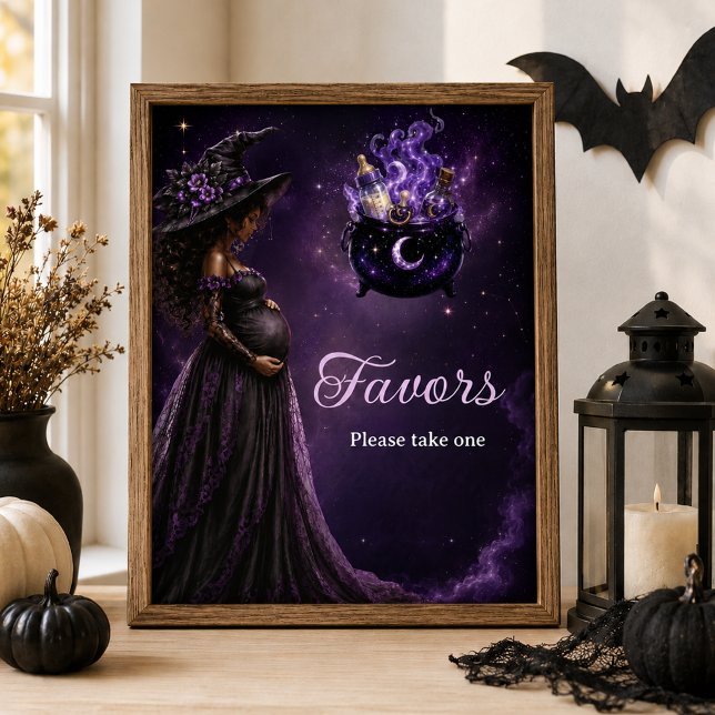 Póster Favores Significa que el Bebé está en Preparación  (Guide guests to your favor table with this elegant witch baby shower favors sign.)