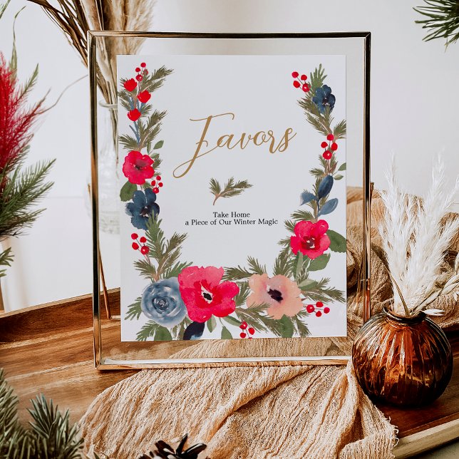 Póster Favoritos a la boda rústica de invierno con acuare (Rustic Winter Floral Watercolor Wedding favors Poster)