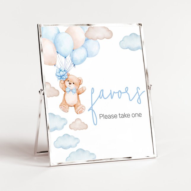 Póster Favoritos Baby Shower en globo de oso azul (Blue Baby Bear Balloon Baby Shower Favors Sign)