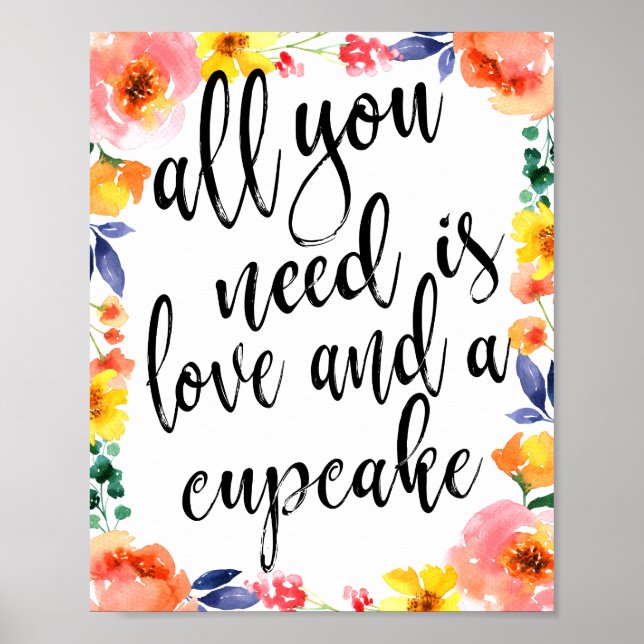 Póster Favoritos de Cupcake Letrero Floral Acuarela 8x10 (Frente)