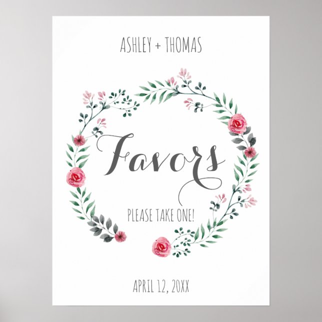 Póster FAVORS Boda signo de caligrafía floral (Frente)