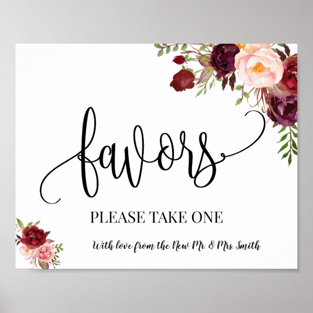 Póster Favors party sign wedding reception boho marsala (Frente)