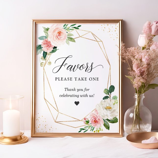 Póster Favors Please Take One Gold Frame Blush Floral (Subido por el creador)
