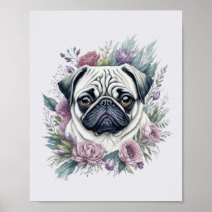 Póster Fawn Pug Watercolor Floral