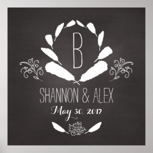Póster Feather Chalkboard Monograma Fecha Boda