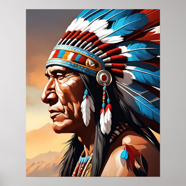 Póster Feather Headdress, jefa india nativa norteamerican (Frente)
