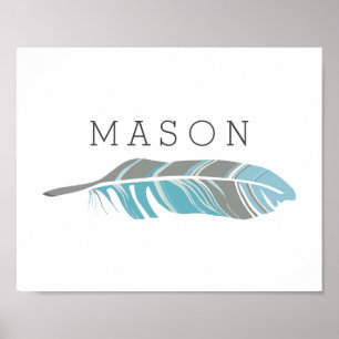 Póster Feather Rústica Blue Personalizada Name Wall Art