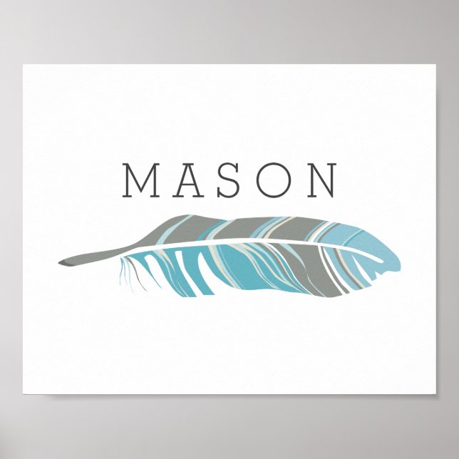 Póster Feather Rústica | Blue Personalizada Name Wall Art (Frente)