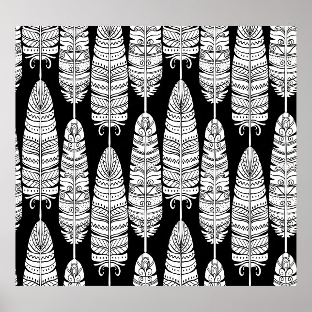 Póster Feathers boho: patrón blanco y negro (Frente)