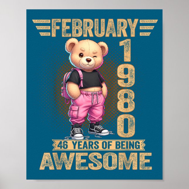 Póster February 1980 46th Birthday 46 Year Teddy Bear Bei (Frente)