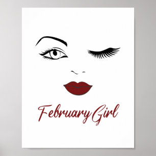 Póster February Girl Eyes Cute Red Lips Wink Birthday