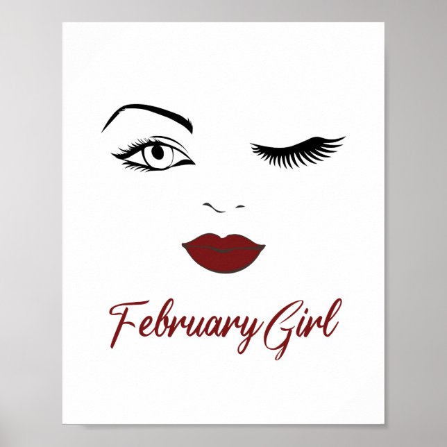 Póster February Girl Eyes Cute Red Lips Wink Birthday (Frente)
