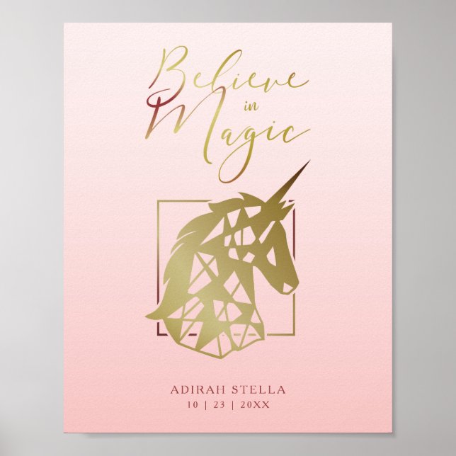 Póster Fecha de nombre personalizado del bebé | Unicornio (Frente)