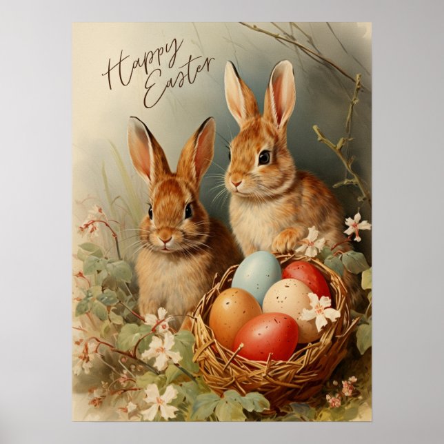 Póster Felices conejillos de Pascua y cesta de huevos de  (Frente)