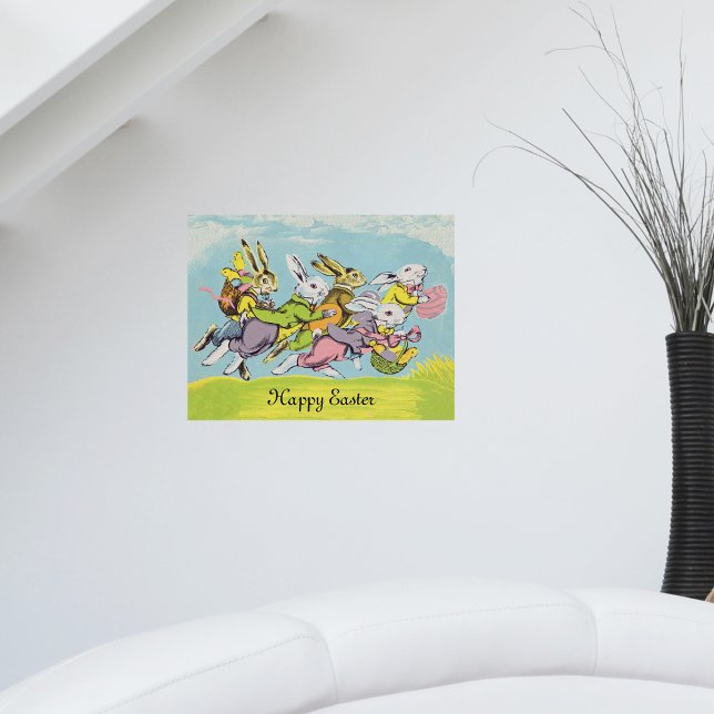 Póster Felices conejos de Pascua corriendo con pasteles (Bunch of Easter rabbits pastel coloured clothing eggs baskets running in grass blue sky on poster.)
