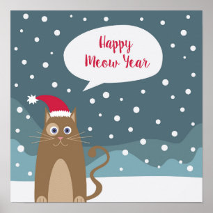 Póster Felices fiestas de Año Nuevo gatito en nieve