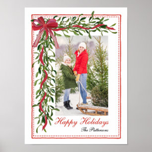 Póster Felices fiestas Mistletoe Red Bow Family Photo