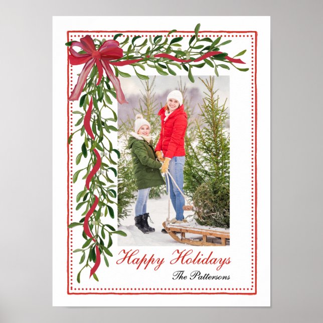 Póster Felices fiestas Mistletoe Red Bow Family Photo (Frente)