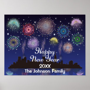 Póster Felices fuegos artificiales de Año Nuevo