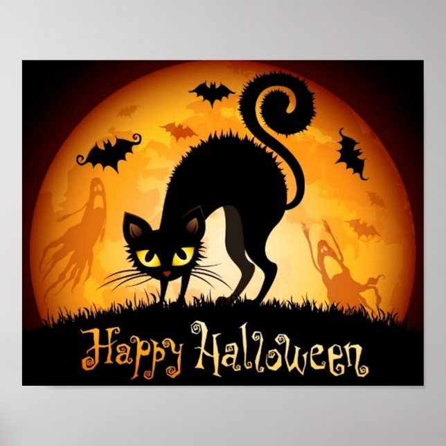 Póster Felices gatos negros de Halloween (Frente)