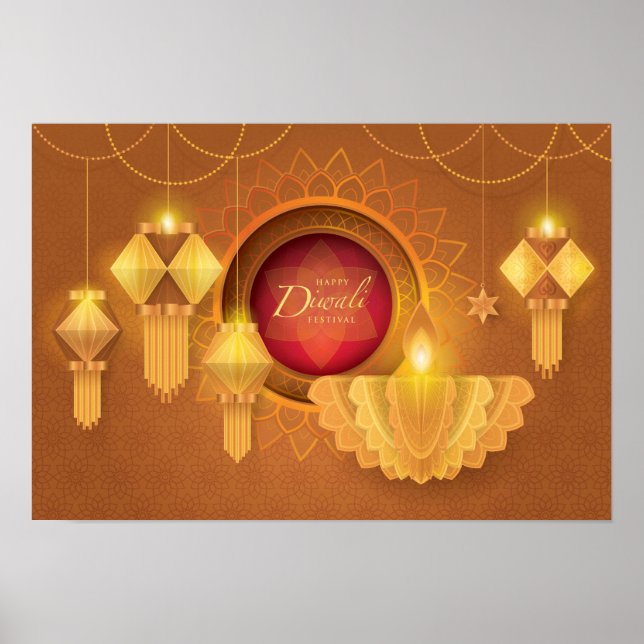 Póster Felices linternas de recortes de Diwali (Frente)