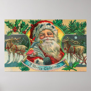 Póster Felices Navidad Santa y escena del reno