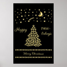 Póster Felices Pawlidays, árbol de navidad Gold brillante