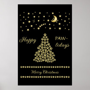 Póster Felices Pawlidays, árbol de navidad Gold brillante