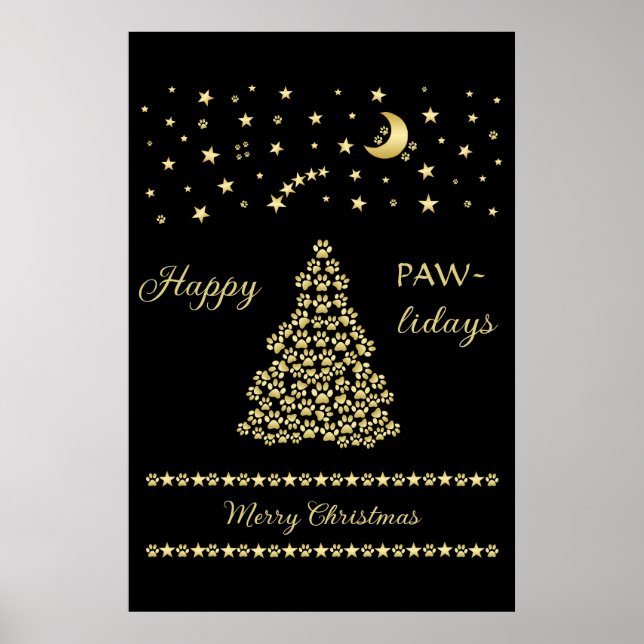 Póster Felices Pawlidays, árbol de navidad Gold brillante (Frente)