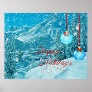 Póster Felices vacaciones, pueblo de invierno de la monta