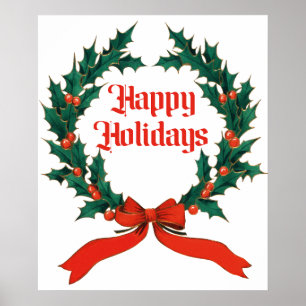 Póster Felices vacaciones Vintage Holly Navidades Wreath