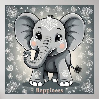 Póster Felicidad Baby Elephant AI Fantasy Digital Art